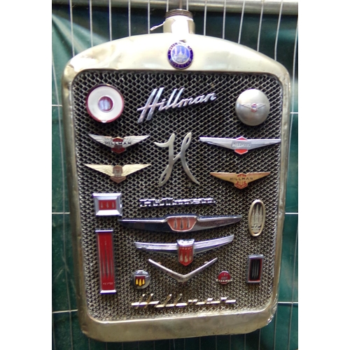 362 - Pre War Hillman car radiator and grill, set with a collection of assorted Hillman vehicle badges.  N... 