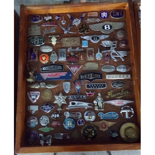 378 - A good glazed case containing a collection of assorted British vehicle badges, various, enamel and o...