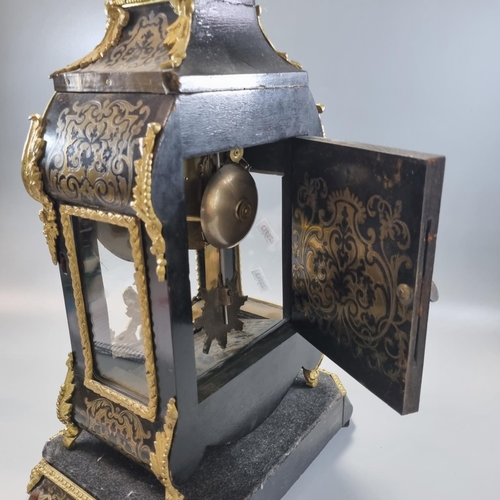 58 - 19th century French boulle mantle clock marked 'F Dumouguie', the arched case with gilt metal cherub... 