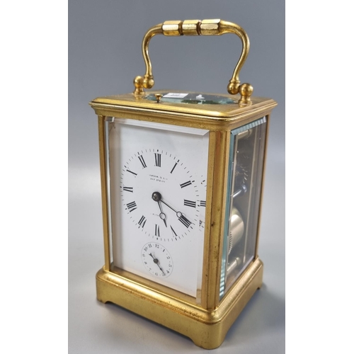 60 - Early 20th century French two train brass repeating alarm carriage clock marked 'Dawson & Son' to th... 