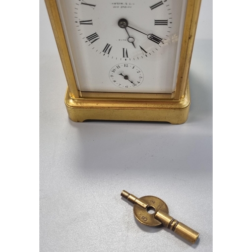 60 - Early 20th century French two train brass repeating alarm carriage clock marked 'Dawson & Son' to th... 