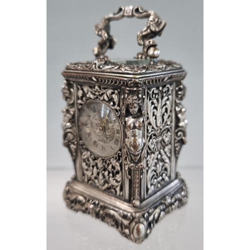 61 - Early 20th century Tiffany & Co of Paris rococo style miniature carriage clock, the case overall dec... 