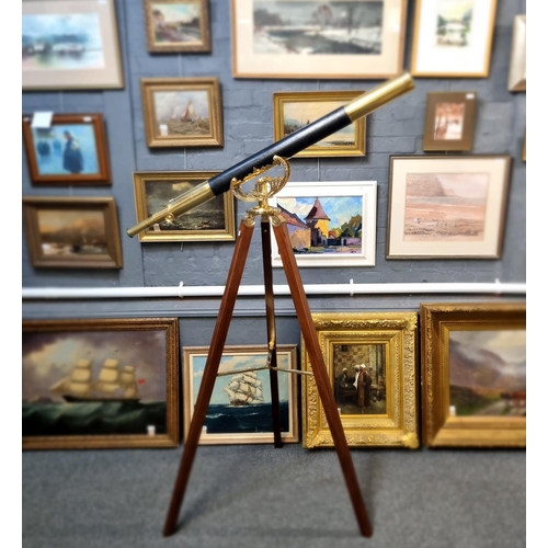 63 - Large modern brass telescope marked A & J Beck Ltd. London England, Est 1837, single drawer with lea... 