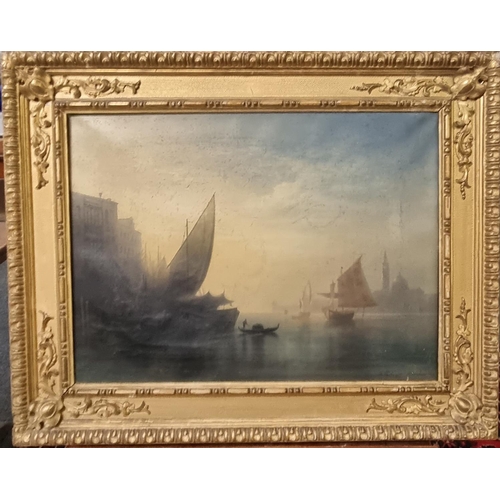 65 - K Heilinger (?) (German 19th century), Venetian lagoon scene with sailing vessels, at sunset, signed... 