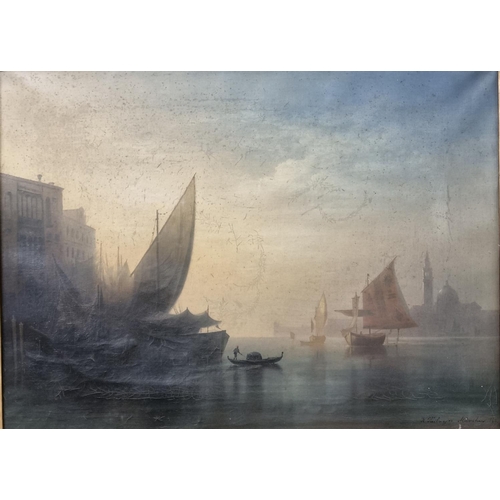 65 - K Heilinger (?) (German 19th century), Venetian lagoon scene with sailing vessels, at sunset, signed... 