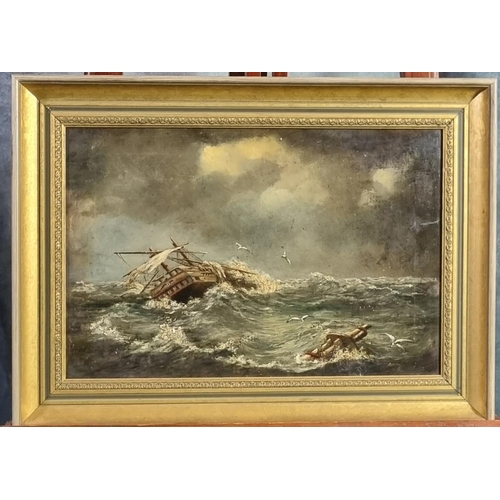 74 - British Marine School (19th century), shipwreck study, unsigned.  Oils on canvas.  31x45cm approx.  ... 