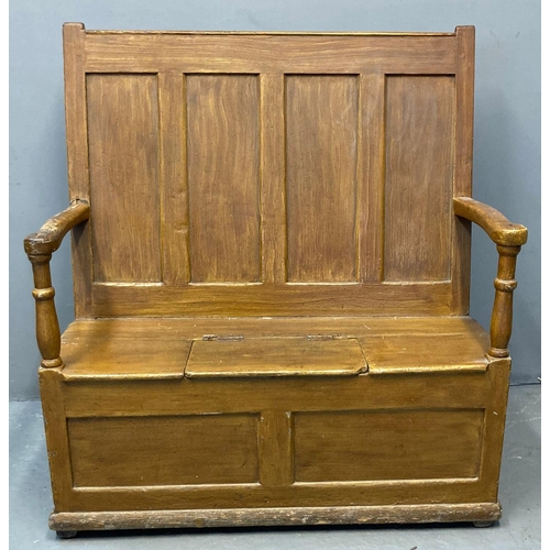 9 - Victorian scumbled pine probably Pembrokeshire settle, with four panelled moulded back and shaped op... 