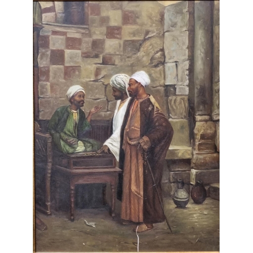 93 - Modern School, Arab figures in conversation, oils on panel.  Heavy gilt frame and slip. 44x33cm appr... 