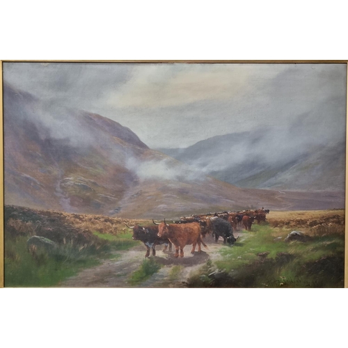 94 - Henry Hadfield Cubley (British 1858-1934), 'In Glencoe, N B' a herd of Highland cattle on a byway wi... 