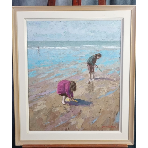 95 - James Mackeown (British born 1961), children an a beach, signed.  Oils on canvas.  67x55cm approx.  ... 