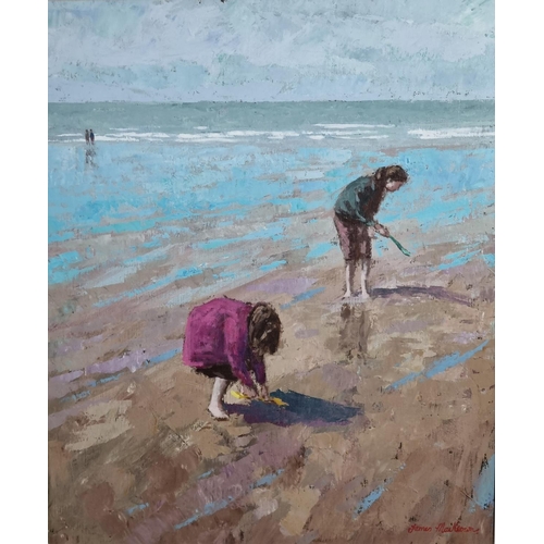 95 - James Mackeown (British born 1961), children an a beach, signed.  Oils on canvas.  67x55cm approx.  ... 