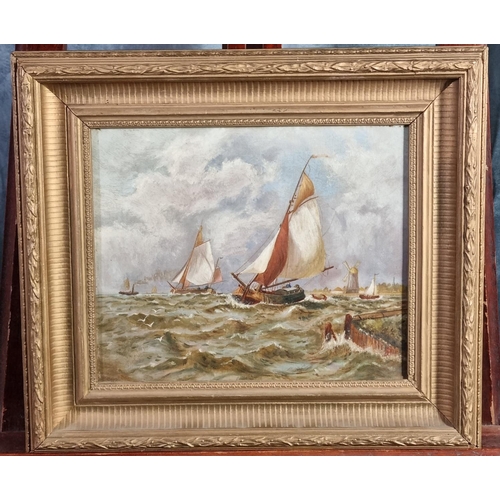 British School (initials M A W) (late 19th century), 'Dutch boats sailing up the river Scheldt', signed and inscribed verso with date 1886.  25x30cm approx.  Framed.   (B.P. 21% + VAT)