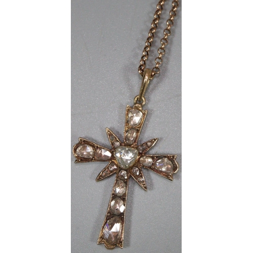 271 - 19th century diamond cross pendant on chain, possibly French, inset with 21 diamonds, unmarked.  The... 