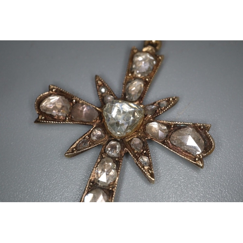 271 - 19th century diamond cross pendant on chain, possibly French, inset with 21 diamonds, unmarked.  The... 