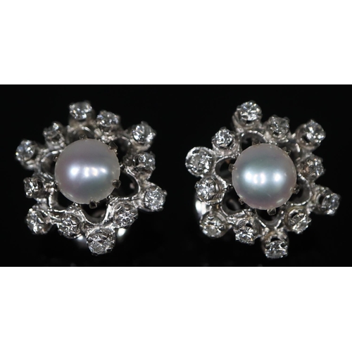 279 - Pair of Edwardian style 18ct white gold pearl and diamond clip-on earrings, marked 750, 2 carat appr... 