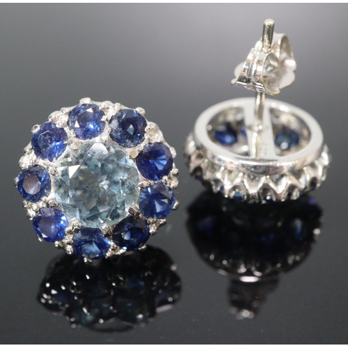 281 - Pair of 18ct Platinum sapphire and aquamarine Edwardian design earrings, the central aquamarine ston... 