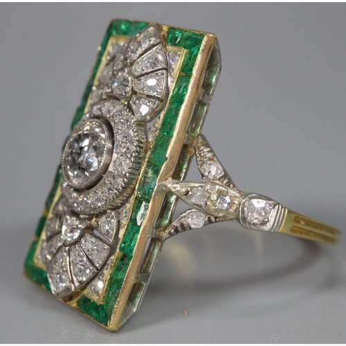 294 - Gold Art Deco diamond and emerald ring of rectangular form, appearing unmarked.  Size M.  4.5g appro... 