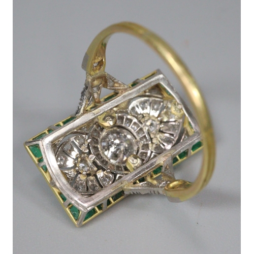 294 - Gold Art Deco diamond and emerald ring of rectangular form, appearing unmarked.  Size M.  4.5g appro... 