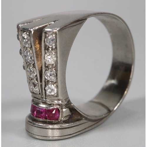 296 - Art Deco design diamond and ruby on platinum ring, appearing unmarked.  Size M1/2.  7.1g approx.  (B... 