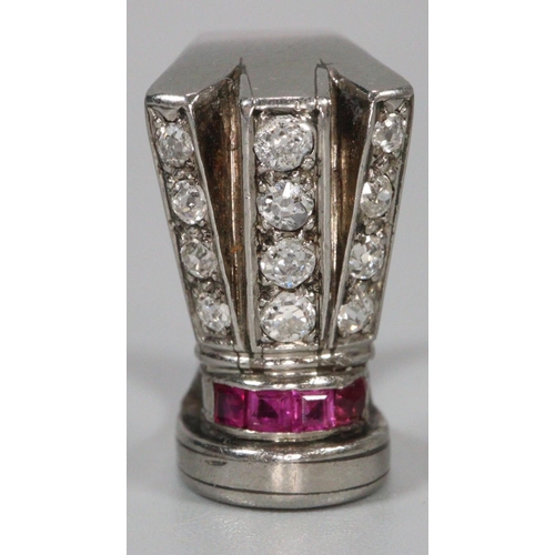 296 - Art Deco design diamond and ruby on platinum ring, appearing unmarked.  Size M1/2.  7.1g approx.  (B... 