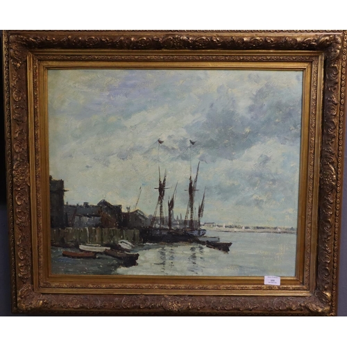 155 - After Seago, estuary scene with moored and beached boats under a lowering sky.  Unsigned.  Oils on c... 