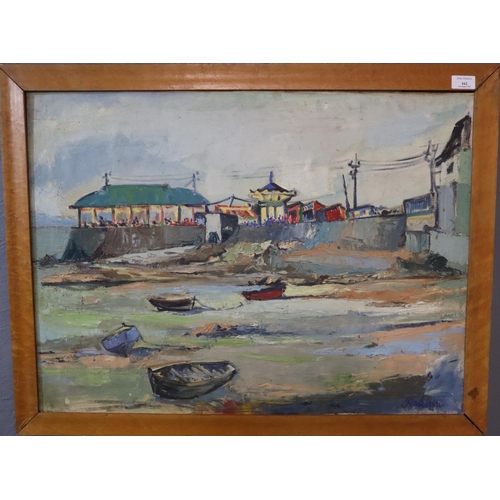 162 - Francois Perhirin (French 1929-2004), beachside scene with cafes and boats, signed.  Oils on board. ... 