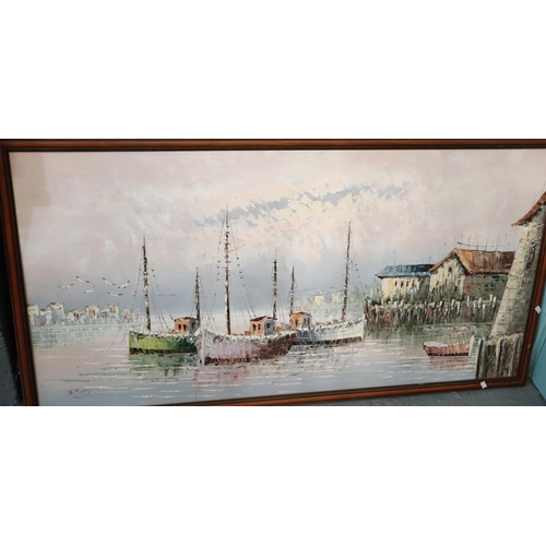 164 - French School (20th century), large furnishing study of moored fishing vessels, oils on canvas.  62x... 