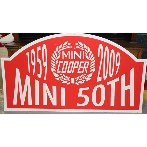 167 - Large Mini Cooper Mini 50th Anniversary commemorative sign in the form of a rally plate.  195cm wide... 