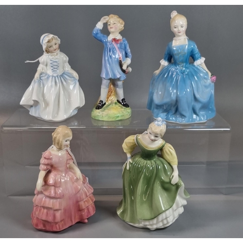 168 - Five Royal Doulton bone china figurines to include: ' Little Boy Blue', 'Rose', 'Dinky Do' etc.  (5)... 