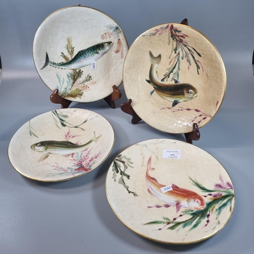 171 - Set of four Royal Worcester Victorian porcelain plates, hand painted and decorated with relief fish ... 