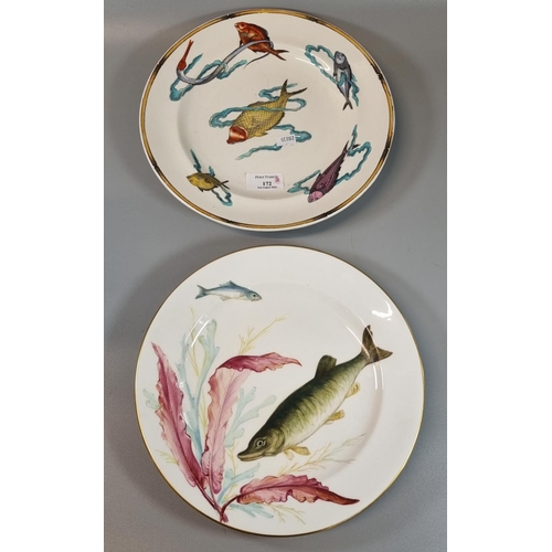 172 - Two Aesthetic Movement Royal Worcester plates, one polychrome plate - Rare Fish 1877, the other with... 