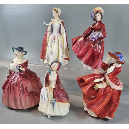 176 - Collection of five Royal Doulton bone china figurines, to include: 'Paisley Shawl' HN1988, 'Lilac Ti... 