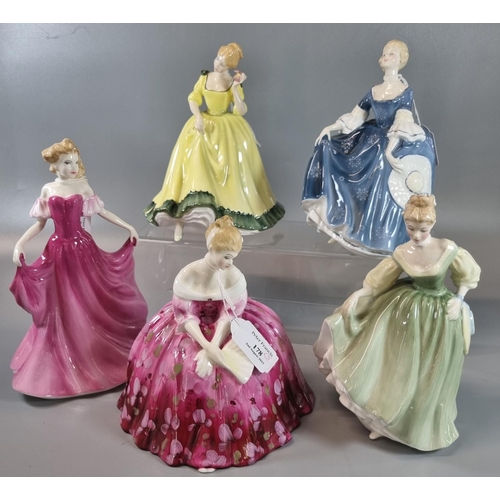 178 - Five Royal Doulton bone china figurines, to include: 'Victoria', 'In Vogue Emma', 'Hillary', Fair La... 