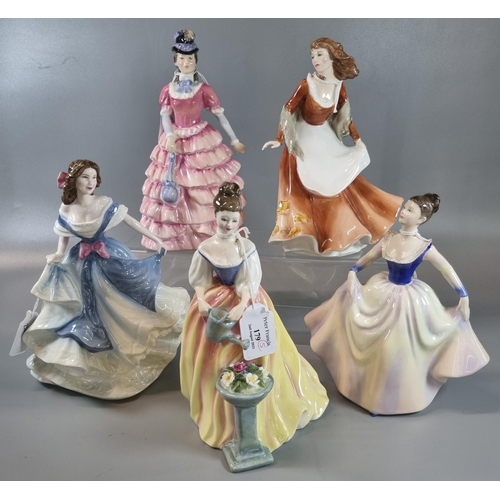 179 - Five Royal Doulton bone china figurines, to include: 'Autumntime', 'Alexandra', 'Lisa', Exclusively ... 