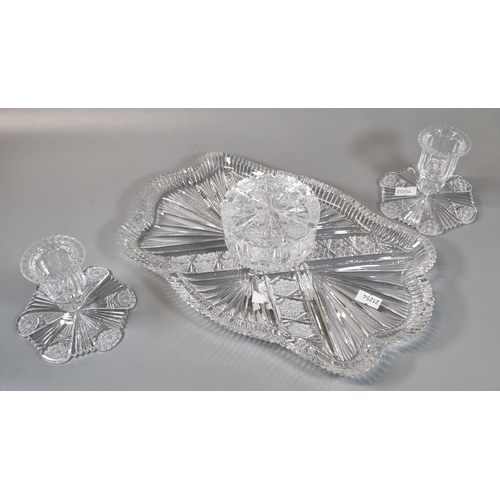 18 - Early 20th Century clear cut glass lady's dressing table set on stand. 
(B.P. 21% + VAT)