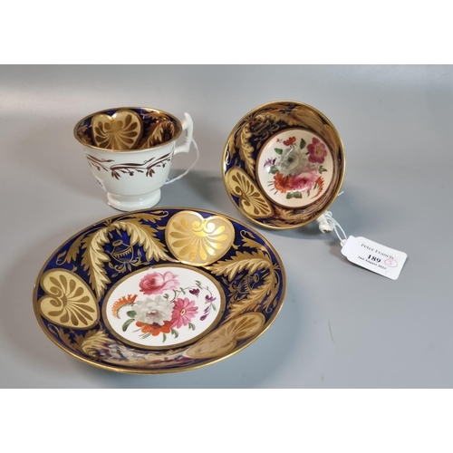 189 - Trio of 19th century English porcelain comprising: coffee cup, teacup and saucer with hand painted f... 