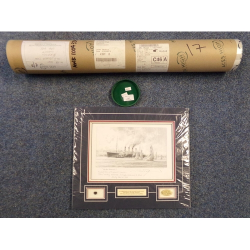 203 - Collection of assorted prints relating to the RMS Titanic, one incorporating a piece of coal recover... 