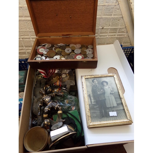 206 - Wooden box of assorted tokens: bus tokens, National Transport tokens, poker chips etc.  together wit... 