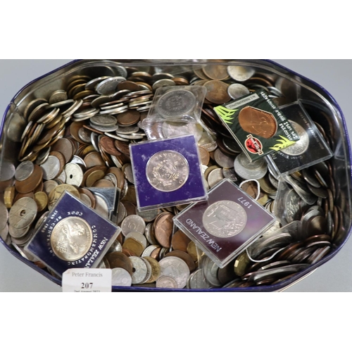 207 - Tin box of assorted GB copper and other and Foreign coinage.  (B.P. 21% + VAT)