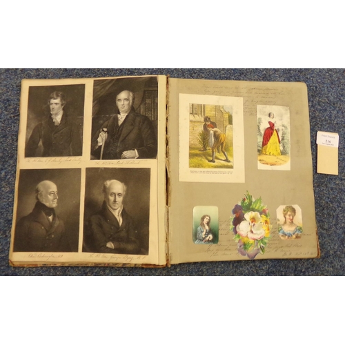 216 - Victorian scrap album bound with half Moroccan and marble boards dated 1848, contains: various hand ... 