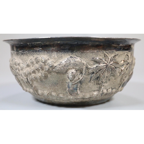 223 - White metal, probably Indian bowl decorated with relief figures, palm trees and houses.  1.5 troy oz... 