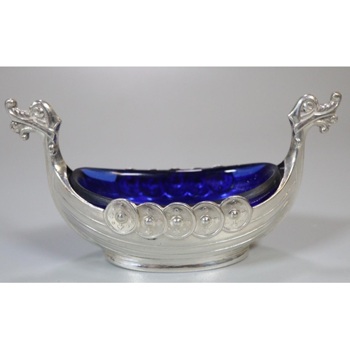 224 - Pair of Norwegian silver salts with blue glass liners in the form Viking boats with two spoons, one ... 