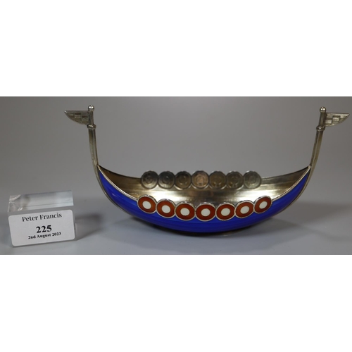 225 - Norwegian silver and enamel Viking Longboat, impressed marks 925.S N.  2.45 troy oz approx.  (B.P. 2... 