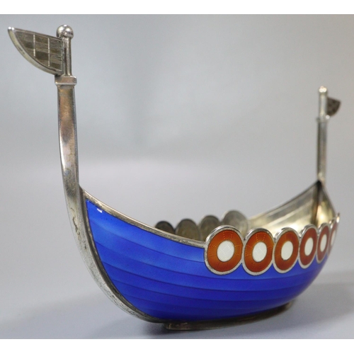 225 - Norwegian silver and enamel Viking Longboat, impressed marks 925.S N.  2.45 troy oz approx.  (B.P. 2... 