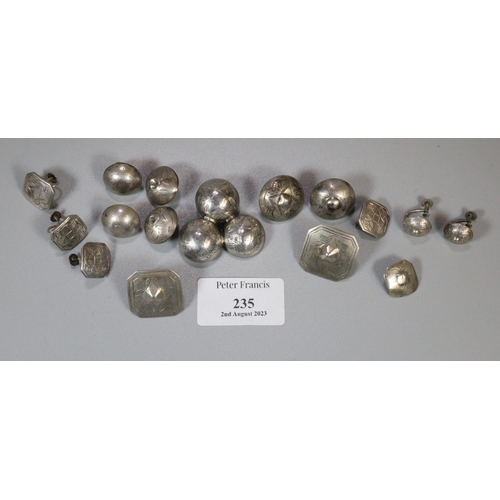 235 - Bag of Scandinavian white metal buttons, some made into a brooch, studs etc.  (B.P. 21% + VAT)