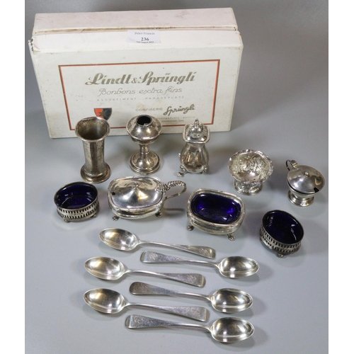 236 - Box of assorted silver, to include: a set of six teaspoons, various condiments with blue glass liner... 