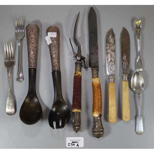 239A - Bag of assorted silver and other items to include: spoons, forks and silver handled knives, salad se... 