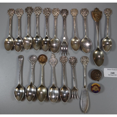 240 - Collection of silver plated souvenir and other spoons and forks, some marked 'Miniature Society Rifl... 