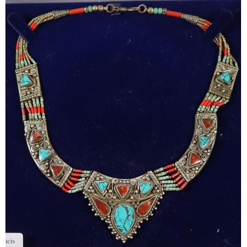 241 - South American white metal necklace inlaid with turquoise and agate stones.  (B.P. 21% + VAT)