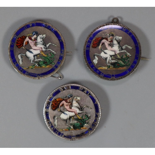 243 - Three Georgian enamelled silver crown coin brooches.  (B.P. 21% + VAT)